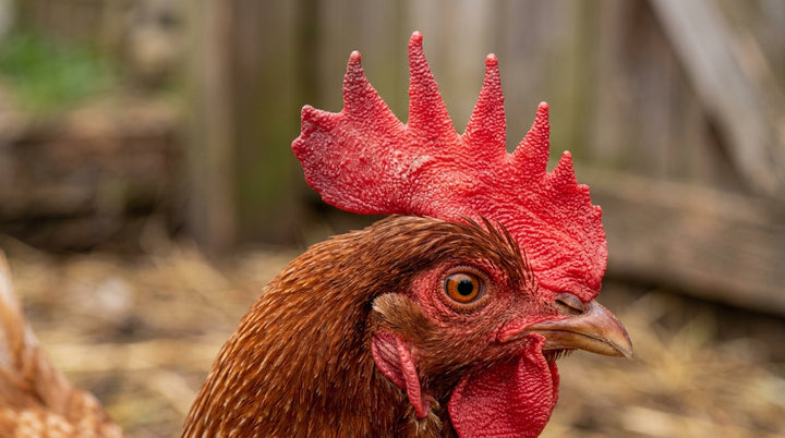 Close-up of a hen’s red comb and face