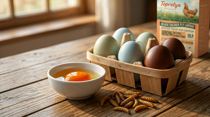 Eggs, dried insect treats, and a Joyprotyn black soldier fly larvae package