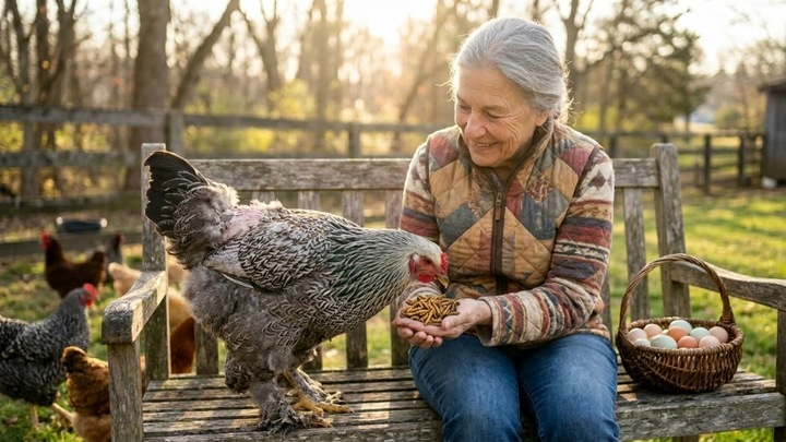 Woman hand-feeding dried insect treats to a backyard chicken
