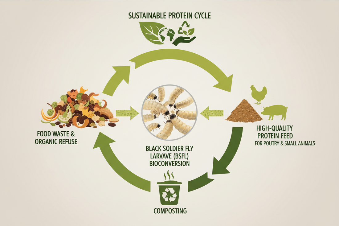 Infographic showing food waste converted into BSFL, feed, and compost