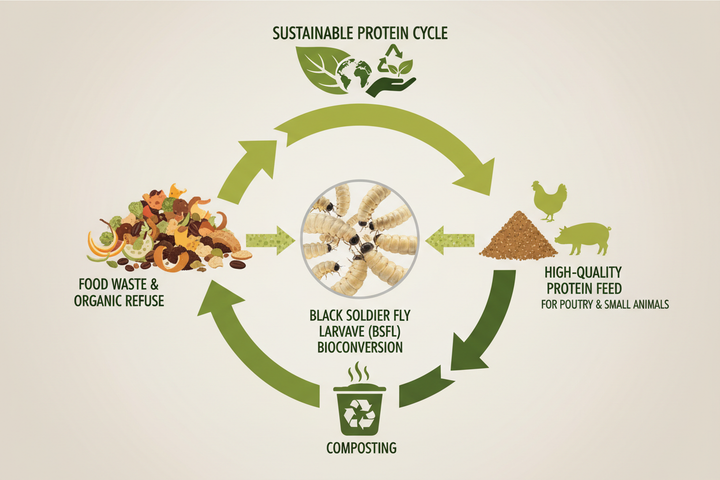 Infographic showing food waste converted into BSFL, feed, and compost