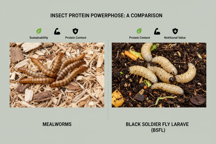 Mealworms and black soldier fly larvae shown side by side for comparison